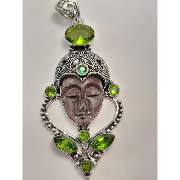 Sterling Silver Bali Goddess Pendant with Peridot and Green Garnet Stones - Picture 1 of 9
